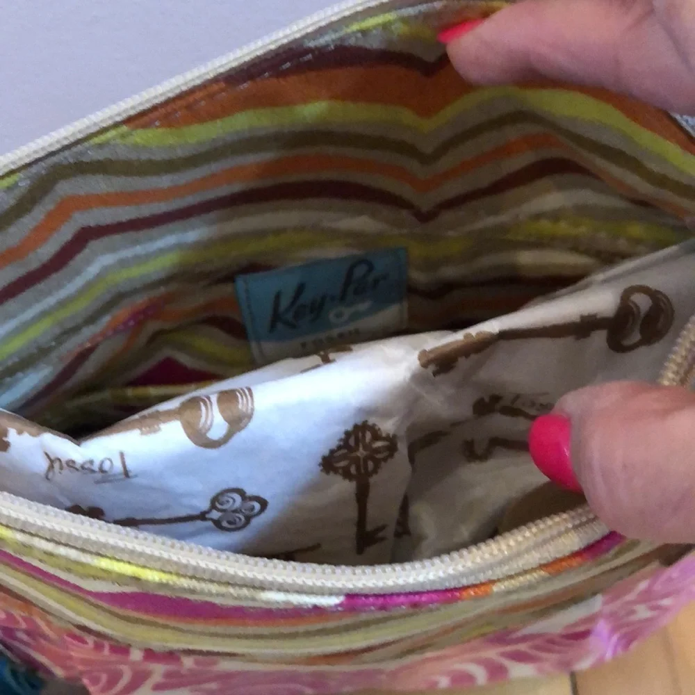 Fossil Pink Teal Multicolor Chevron Crossbody Bag